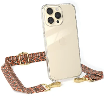 Abbildung von EAZY CASE Handykette Verstellbarer Trageriemen kompatibel mit iPhone 14 Pro Max, Handytaschenband, Handykordel Phone Case, Ersatzgurt für Ketten, Orange/Grün Haken Gold