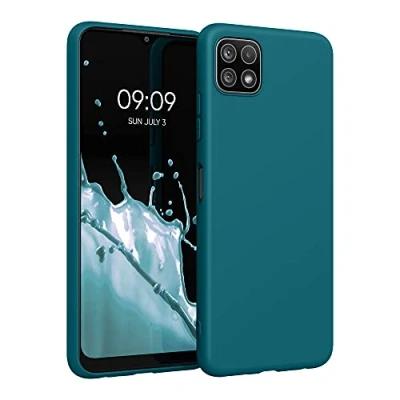 Abbildung von kwmobile Hülle kompatibel mit Samsung Galaxy A22 5G weiches TPU Silikon Case Cover geeignet für kabelloses Laden Petrol matt