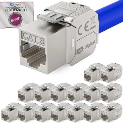 Abbildung von hb digital 16x CAT 8 Keystone RJ45 Modul Buchse für LAN Kabel GHMT Zertifiziert 40 Gbit/s bis 2000 MHz AWG 22 26 werkzeuglos LSA vollgeschirmt STP Einbaubuchse Patchpanel und Netzwerkdose