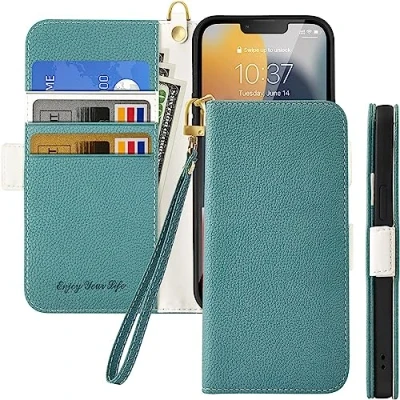 Abbildung von Tiyoo Flip Handyhülle für Samsung Galaxy M53 5G, Magnet Wallet Case Handyschutz, Litschi Muster Leder mit Kartenfächer und Handschlaufe, Stoßfeste Grün