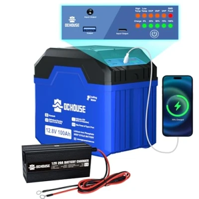 Abbildung von DCHOUSE LiFePO4 100Ah 12V Lithium Batterie mit 20A Ladegeräte, Bis zu 15000 Zyklen, 1280Wh Batterie, für Trolling Motoren, Wohnmobile, Solaranlage,Camping,Off Grid