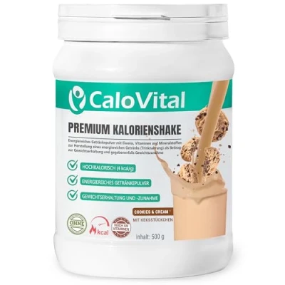 Abbildung von Trinknahrung hochkalorisch für Gewichtszunahme Kohlenhydrate &amp; Eiweiß als Kalorien Shake Hochdosiert mit vielen Vitaminen CaloVital Premium Qualität aus Deutschland (Cookies Cream 500g)