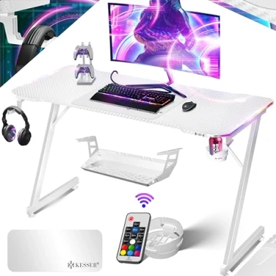 Abbildung von KESSER® Gaming Tisch LED 140cm x 60cm Z Form Gamer Schreibtisch Kopfhörerhaken &amp; Kohlebeschichtung Ergonomischer PC Computertisch Stabiler Getränkehalter Weiß