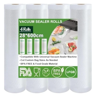 Abbildung von Omtofo Vakuumierbeutel 4 Rollen Vakuumierfolie, 28 x 600cm Vakuumbeutel Lebensmittel, BPA frei, reißfest, 150µm, Vakumierfolienrolle für alle Vakuumierer, Mikrowellen and Sous Vide