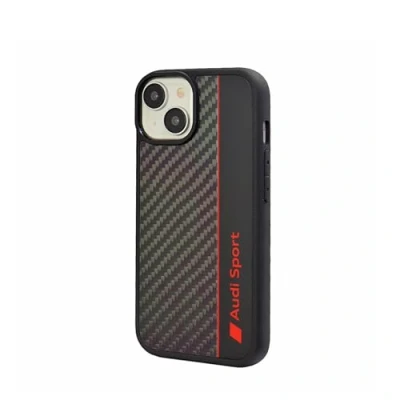Abbildung von Audi Sport Handyhülle Kompatibel mit iPhone 15 Stoßabsorbierende Hülle Carbon präzisen Aussparungen für Kamera, Anschlüssen &amp; Tasten Schwarz roten Details