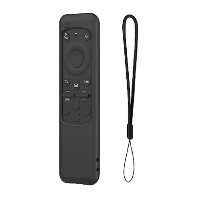 Abbildung von Silikon Schutzhülle für Samsung Smart TV Solarzellen Fernbedienung, Akku Rückseite, Skin Holder Sleeve mit Umhängeband, Schwarz