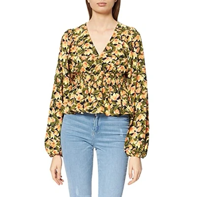 Abbildung von NA KD Damen Smocked Waist Blouse Bluse, Orangefarbene Blume, 46 EU