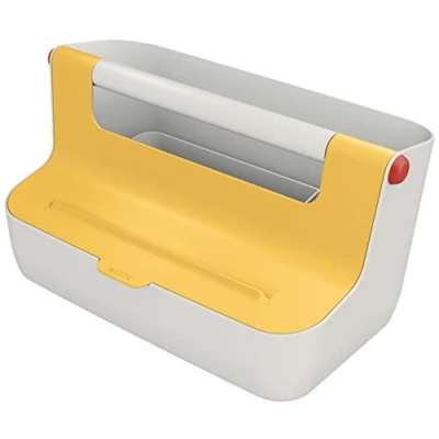 Abbildung von Leitz Mobile Aufbewahrungsbox, Cosy Serie, Hot Desking Box, Organizer Box für Zuhause oder das Büro, Aufbewahrungsbox mit Griff, smarte Fächer zur Organisation, Warmes Gelb, 61250019