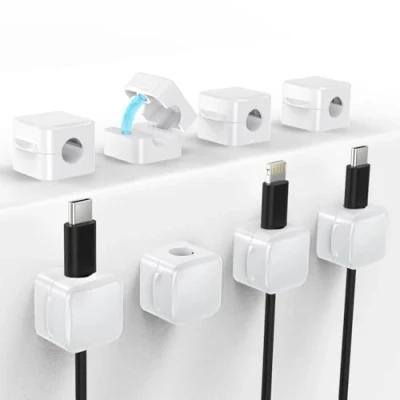 Abbildung von TiMOVO Magnetische Kabelclips, 8 Stück Kable Organizer mit Starkem Kleber unter dem Schreibtisch Kabelmanagement, Kleiner Drahthalter für Home Office Küche Auto Nachttisch, Weiß