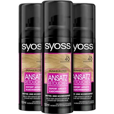 Abbildung von Syoss Ansatz Retoucher Kaschierspray Dunkelblond Stufe 1 (3 x 120 ml), Ansatzspray deckt dunkleren und grau nachwachsenden ab, Ansatzfarbe hält bis zur nächsten Haarwäsche