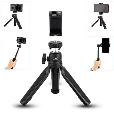 Abbildung von JJC 2 in 1 ausziehbares Telefonstativ &amp; Selfie Stick Stativ für Kompaktkameras Smartphones, Mini Reisestativ mit Smartphone Clip, 360 Grad Kugelkopf, Kaltschuh Halterung und 1/4 Zoll 20 Schraube