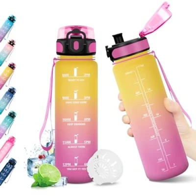 Abbildung von KollyKolla Trinkflasche Kinder, 500ml, Kohlensäure Geeignet, Sport Auslaufsicher, Wasserflasche mit Filter und Zeitmarkierung, für Fahrrad, Schule, Maedchen, Junge, Camping