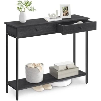 Abbildung von VASAGLE Konsolentisch, Flurtisch, Beistelltisch, Sofatisch mit 2 Schubladen, Stahlgestell, Flur, Wohnzimmer, Industrie Design, anthrazitgrau tintenschwarz LNT015B07
