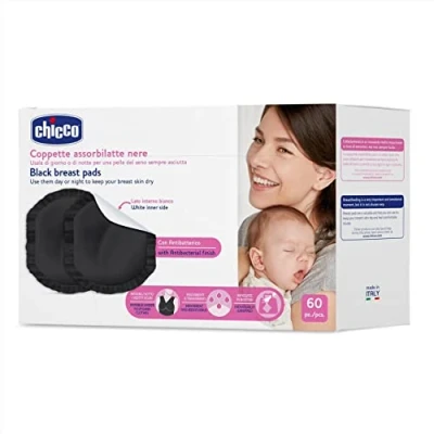 Abbildung von Chicco Absorbierende Cups mit antibakteriell, hygienisch und super saugfähig, Einsatz Stillscheiben, unsichtbar unter der Kleidung Klebestreifen, 60 Tassen, außen schwarz