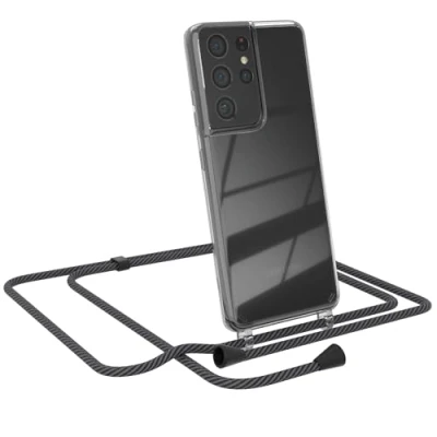 Abbildung von EAZY CASE Handytasche zum Umhängen kompatibel mit Samsung Galaxy S21 Ultra, Handyhülle Band, Transparent Kameraschutz und Bildschirmschutz, Lanyard in Schwarz/Anthrazit Clips Schwarz
