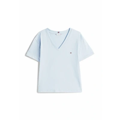 Abbildung von Tommy Hilfiger Damen T Shirt Kurzarm mit V Ausschnitt, Blau (Breezy Blue), XS