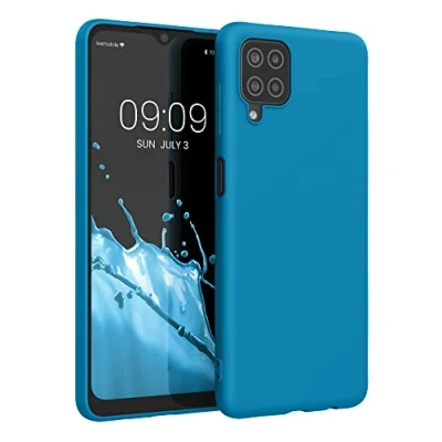 Abbildung von kwmobile Hülle kompatibel mit Samsung Galaxy A12 weiches TPU Silikon Case Cover geeignet für kabelloses Laden Karibikblau