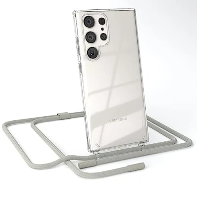 Abbildung von EAZY CASE kombinierbare Handyketten kompatibel mit Samsung Galaxy S23 Ultra, Transparente Silikon Hülle Umhängeband, abnehmbar durch abschraubbare Endstücke, Band, Schultergurt, Taupe
