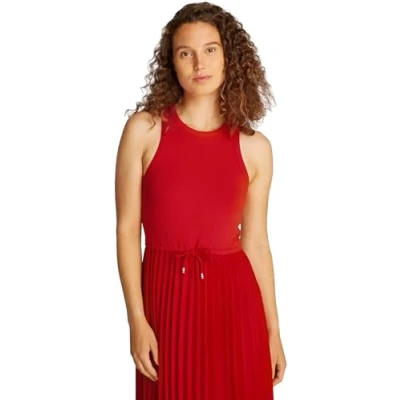 Abbildung von TOMMY HILFIGER Damen Pleated Dress Rib Tank Plissiertes Kleid Midi NS WW0WW39342, Red (Primary Red), XS