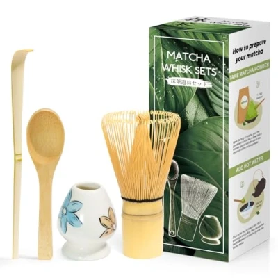 Abbildung von 4 Stück Matcha japanisches Zeremonienset, MatchaBesen aus Naturbambus, Löffel Bambus, Schaufel Quirlhalter, Zubehör für die Teezeremonie, das Getränk Glänzend weiß/blaue Blume