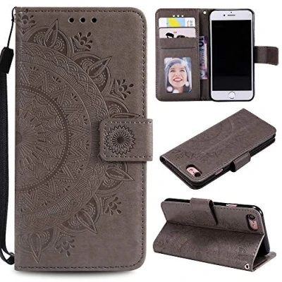 Abbildung von CoverKingz Handytasche kompatibel mit iPhone 7/8/SE [2020/2022] Handy Case Kartenfach Handyhülle Flipcase klappbar Motiv Mandala Grau