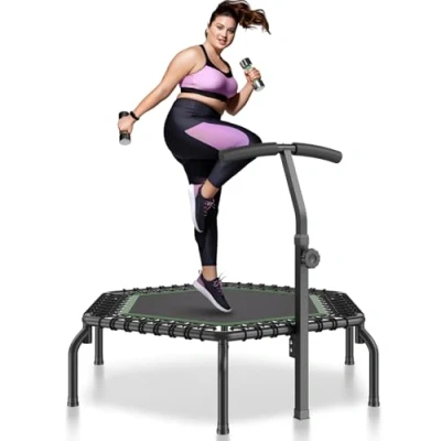 Abbildung von VEVOR Faltbares Mini Trampolin Fitness Rebounder 1384 mm 205 kg belastbares Tainingstrampolin, Gartentrampolin mit 3 stufig höhenverstellbarem Schaumstoffgriff &amp; 44 Spanngurten