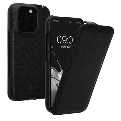 Abbildung von kalibri Flip Hülle Ultra Slim kompatibel mit Apple iPhone 16 Pro Leder Case Schutzhülle Tasche in Schwarz