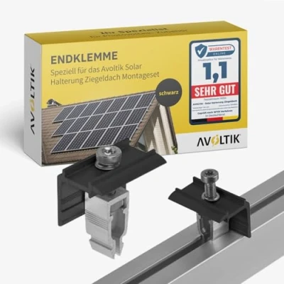 Abbildung von Avoltik Solar Zusatz Endklemme in schwarz speziell für das Halterung Ziegeldach Montageset ermöglicht die Montage von Solarmodulen übereinander oder alternativen Konfigurationen
