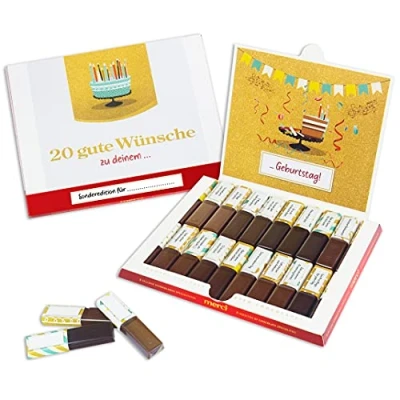 Abbildung von SURPRISA Aufkleber Set &#039;20 Wünsche&#039; für Merci Schokolade, Das persönliche Dankeschön zum Geburtstag kreatives Geschenk