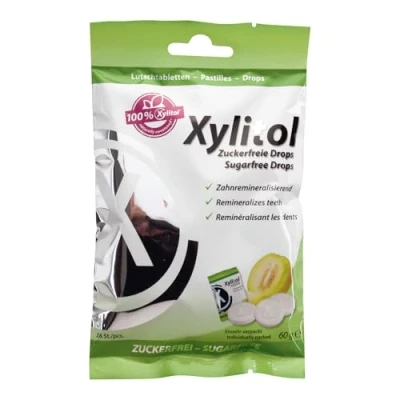 Abbildung von miradent Xylitol Drops Melone 60g zuckerfreie Lutschbonbons fruchtiger Geschmack vegan glutenfrei ohne Aspartam, Sorbital, Laktose