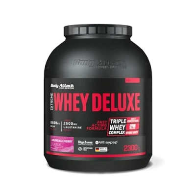 Abbildung von Body Attack Extreme Whey Deluxe, Cherry Cream, 2x2,3 kg Eiweißpulver mit Aminosäuren, Triple Complex, CFM Isolate, perfekt lösliches Protein Pulver, fettarm, zuckerarm, Made in Germany