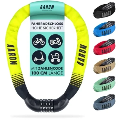 Abbildung von AARON Lock One Fahrradschloss mit 5 stelligem Zahlencode, Kettenschloss aus Stahl und hoher Sicherheitsstufe Schloss für E Bike, Mountainbike, Trekkingrad, Tourenrad, Rennrad in gelb