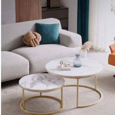 Abbildung von HJhomeheart Couchtisch Rund 2er Set Groß: 80 x 45 cm Klein: 60 35 cm, Tisch Gold weiß (weiß und Gold)