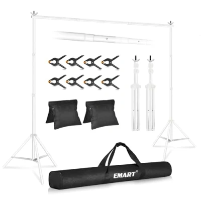 Abbildung von EMART Weißer Foto Hintergrund Ständer, 2x3m Verstellbarer Hintergrundsystem mit 8 Hintergrundklemmen, 2 Sandsack für Fotostudio Porträt Produktfotografie Studiofotografie