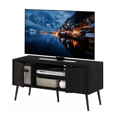 Abbildung von Furinno Claude TV Ständer mit Holzbeinen im Mid Century Stil, Holzwerkstoff, Espresso, Two Cabinets