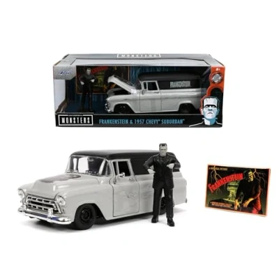 Abbildung von JADA Modellauto Chevrolet Suburban 1957 silber schwarz Frankenstein mit Figur, Maßstab 1:24