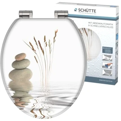 Abbildung von SCHÜTTE WC Sitz Holzkern BALANCE, Toilettensitz mit Absenkautomatik, passend für viele handelsübliche Becken, max. Belastung der Klobrille 150 kg, Motiv Steine 80121