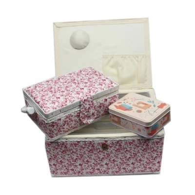 Abbildung von Ackermann Nähkorb Set mit Tragegriff (1x groß und 1x mittel) + kleine Accessoires Box aus Metall (mit Zubehör), Marke Nähschatulle Nähkästchen Nähkasten (Blumenmuster (rosa))