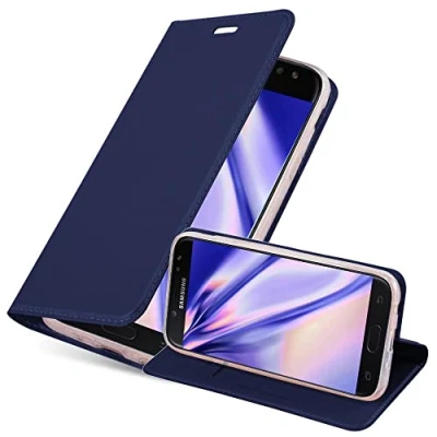Abbildung von Cadorabo Hülle kompatibel mit Samsung Galaxy J5 2017 aus Premium Kunst Leder Flip Klappbare Stoßfeste Magnetische [Standfunktion] [Kartenfächern] Cover für Tasche in Blau