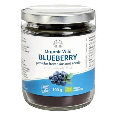 Abbildung von LOOV Bio Wildheidelbeer Pulver (Tresterpulver), wild aus nordischen Wäldern, nur Schalen und Kernen von wilden Heidelbeeren hergestellt, ohne Zuckerzusatz, ballaststoffreich, 100 g