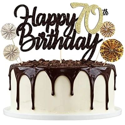 Abbildung von Tortendeko Schwarzes Gold 70th, Happy Birthday Cake Topper, Papierfächer Cupcake, 70. Kuchendeko Tortenstecker für Geburtstag Deko Männer Frauen