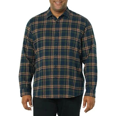 Abbildung von Amazon Essentials Herren Langarmhemd aus Flanell (in Übergröße erhältlich), Dunkles Marineblau Karomuster, L