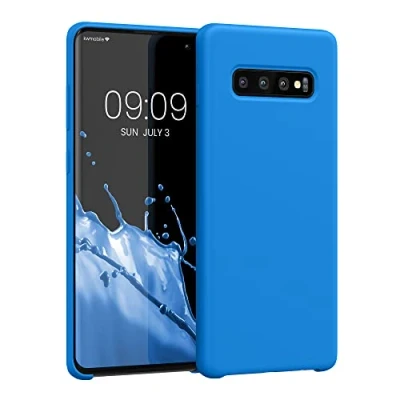 Abbildung von kwmobile Hülle kompatibel mit Samsung Galaxy S10 Plus / S10+ Silikon Handy Case Handyhülle weiche Oberfläche kabelloses Laden Strahlend Blau