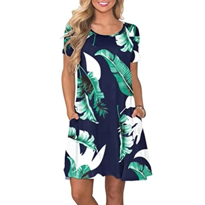 Abbildung von AUSELILY Damen Kleider Sommer Kurzarm Shirtkleider Kurz Sommerkleider Leicht Freizeitkleid mit Taschen Blau Drucken M