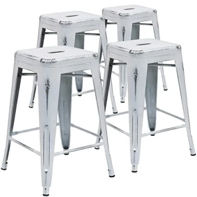 Abbildung von Flash Furniture Commercial Grade 4 Pack 61 cm hoch rückenfrei Metall Innen und Außenbereich Thekenhöhe Hocker, Kunststoff, Eisen, Weiß, Stück