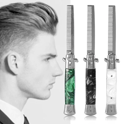 Abbildung von Switchblade Kamm, Öl Haarkamm, Metallfeder, Haarbürste, Taschenöl, Haarkamm mit breiten und feinen Zähnen für Bart, Schnurrbart, Kopf, schwarzer Perlengriff (weiß)