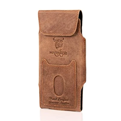 Abbildung von MATADOR Leder Gürteltasche kompatibel mit Apple iPhone 15 Pro/ 15/14 14/13 13/12 12/11/ XR Magnetverschluss Gürtelschlaufe Braun