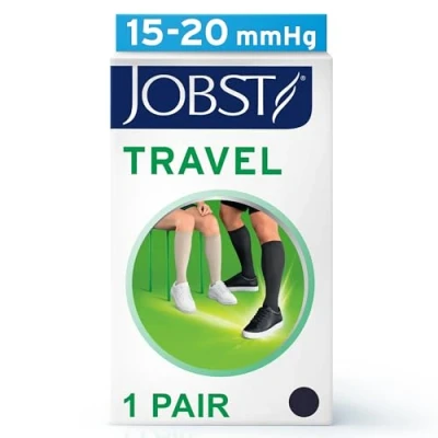 Abbildung von JOBST Travel Reisestrümpfe für Damen und Herren hilft, Reisethrombosen vorzubeugen weich, atmungsaktiv dank 33% Baumwollanteil, Navy, Size 5