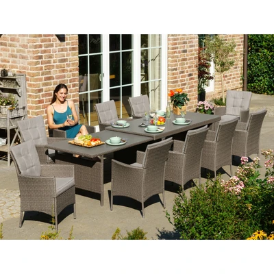 Abbildung von KONIFERA Garten Essgruppe &quot;Mailand&quot;, (Set, 31 tlg., 10x Sessel, 1x AZ Tisch 179 302 cm, inkl. Auflagen), Polyrattan, Stahl, Braun