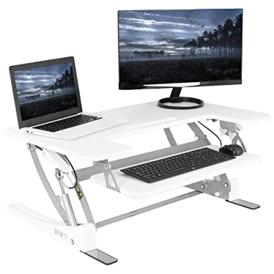 Abbildung von VIVO Height Adjustable 36 inch Stand up DESK Converter, Quick Sit to Tabletop Dual Monitor Riser Workstation, White, V000VW…